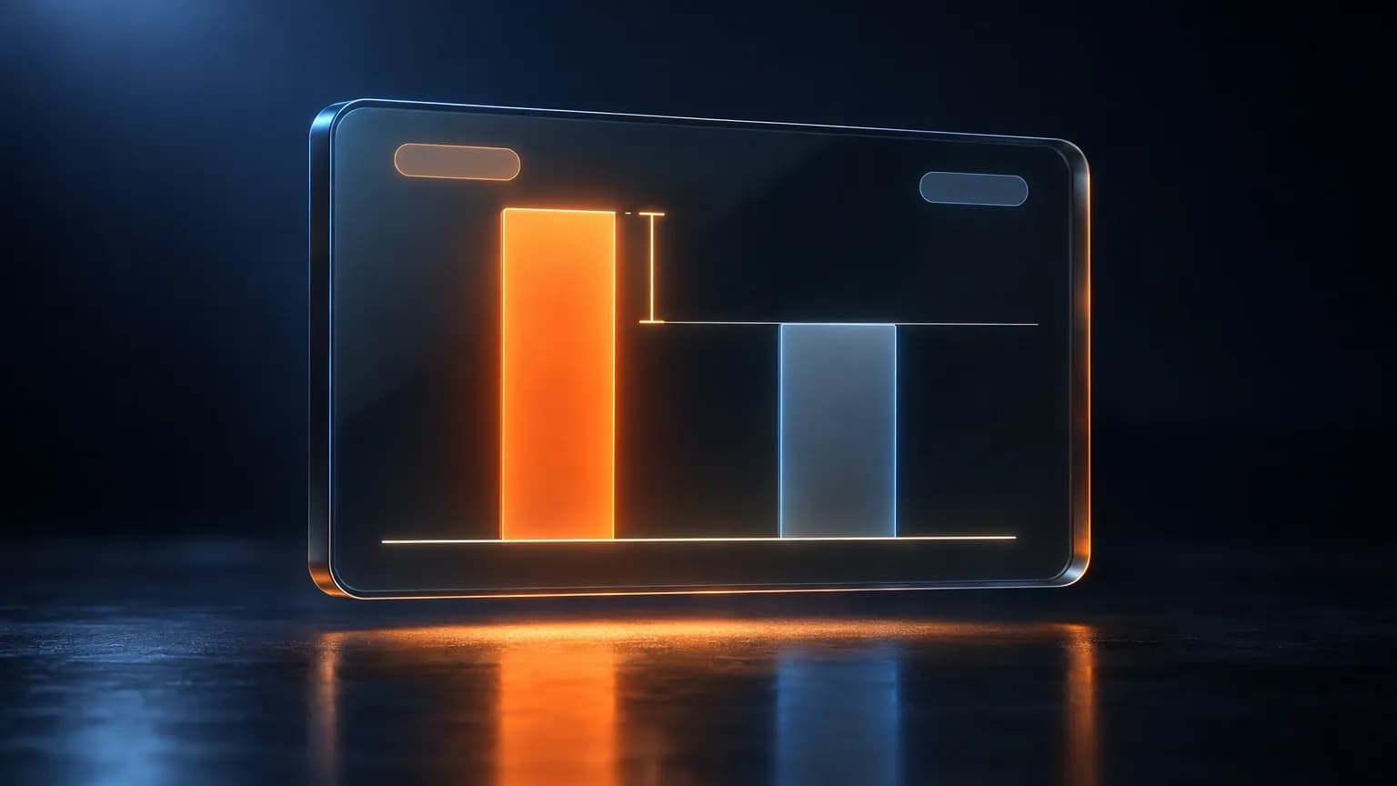 A single dark glass dashboard panel showing two vertical bars of different heights on one baseline, the taller bar lit warm orange and the shorter one matte blue-grey, with a hairline reference at the shorter bar's top and a thin measure line marking the gap between them