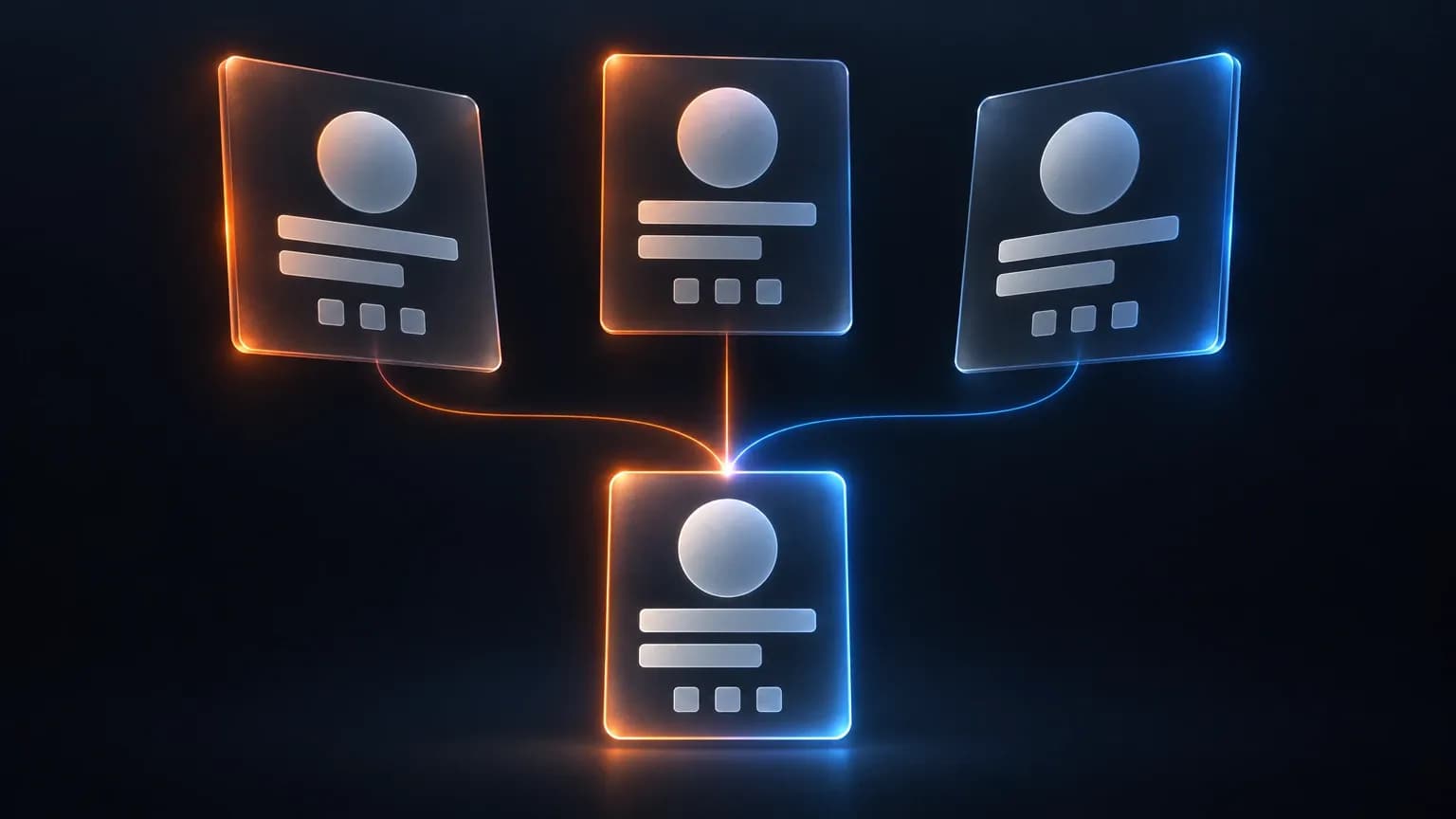 Three separate identity cards for one customer converging into a single merged record