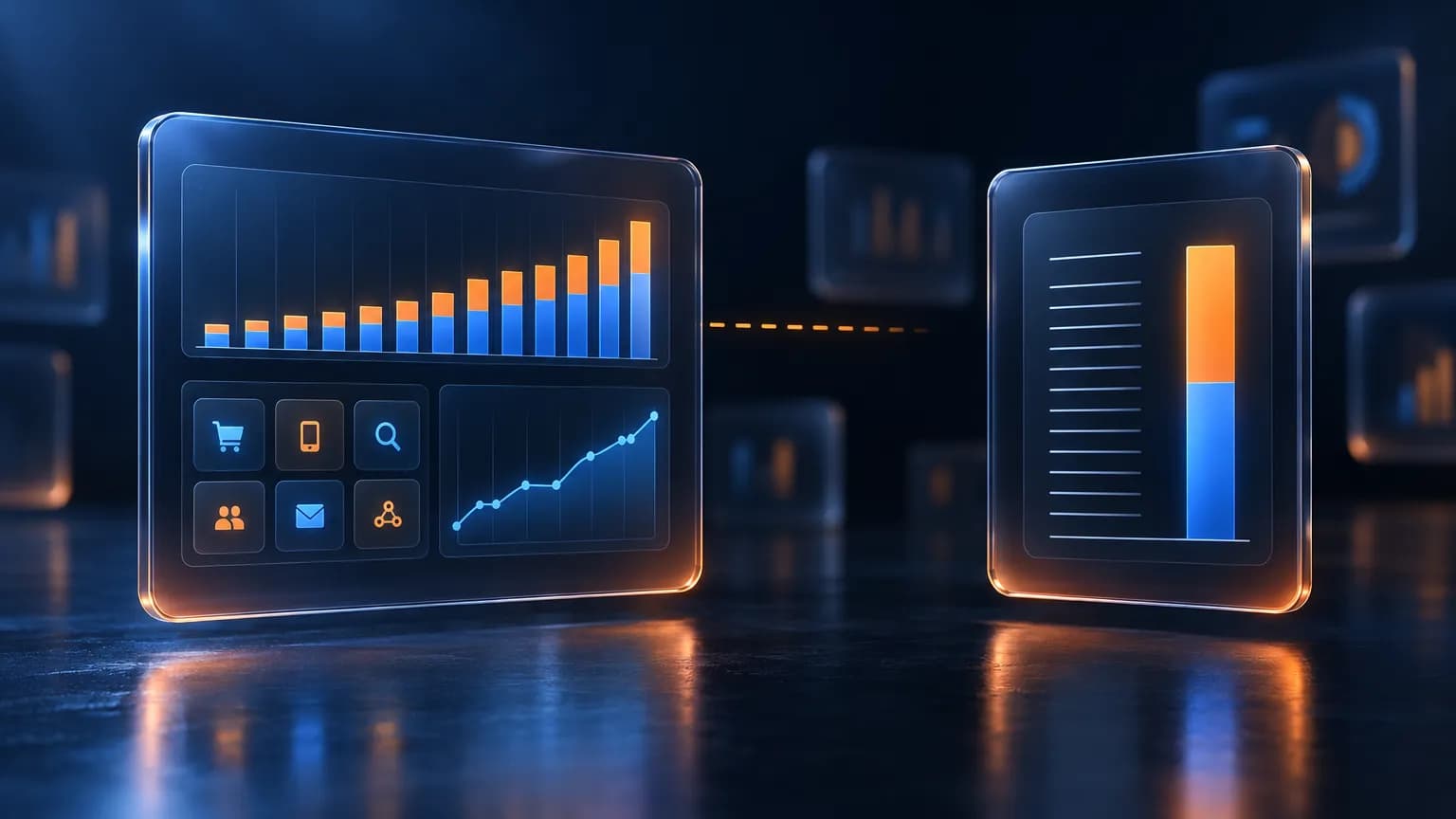 Two glass dashboard cards showing separate revenue views with a dashed connector that stops before reaching the other side, dark navy editorial render