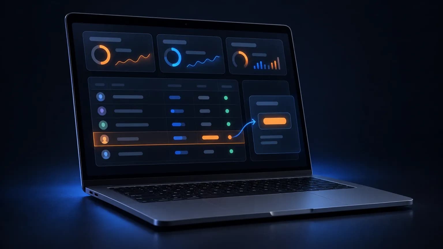A plan table on a laptop screen with one orange outlined line highlighted, a value being pulled out of that line along a blue arrow into a side panel