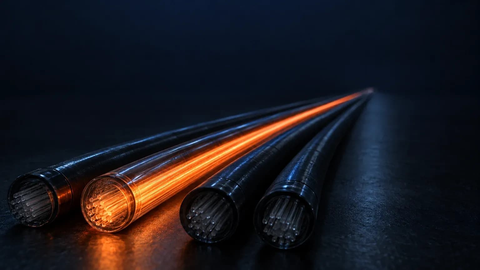 Abstract composition of four parallel tracks, one lit and three fading into dark