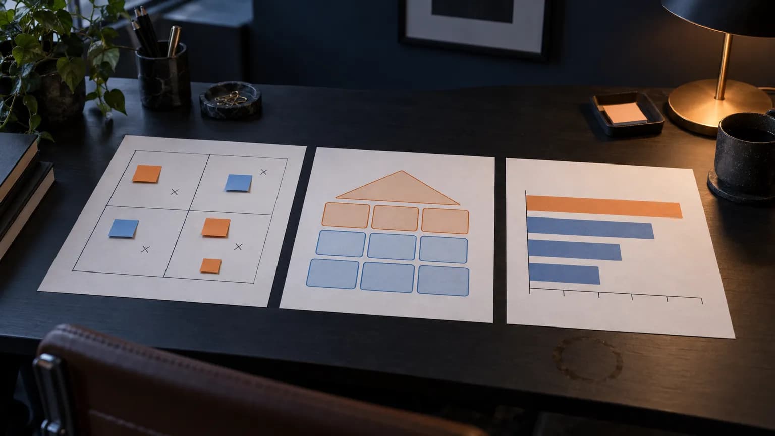 Printed positioning canvas, messaging house diagram and launch tier chart spread across a desk