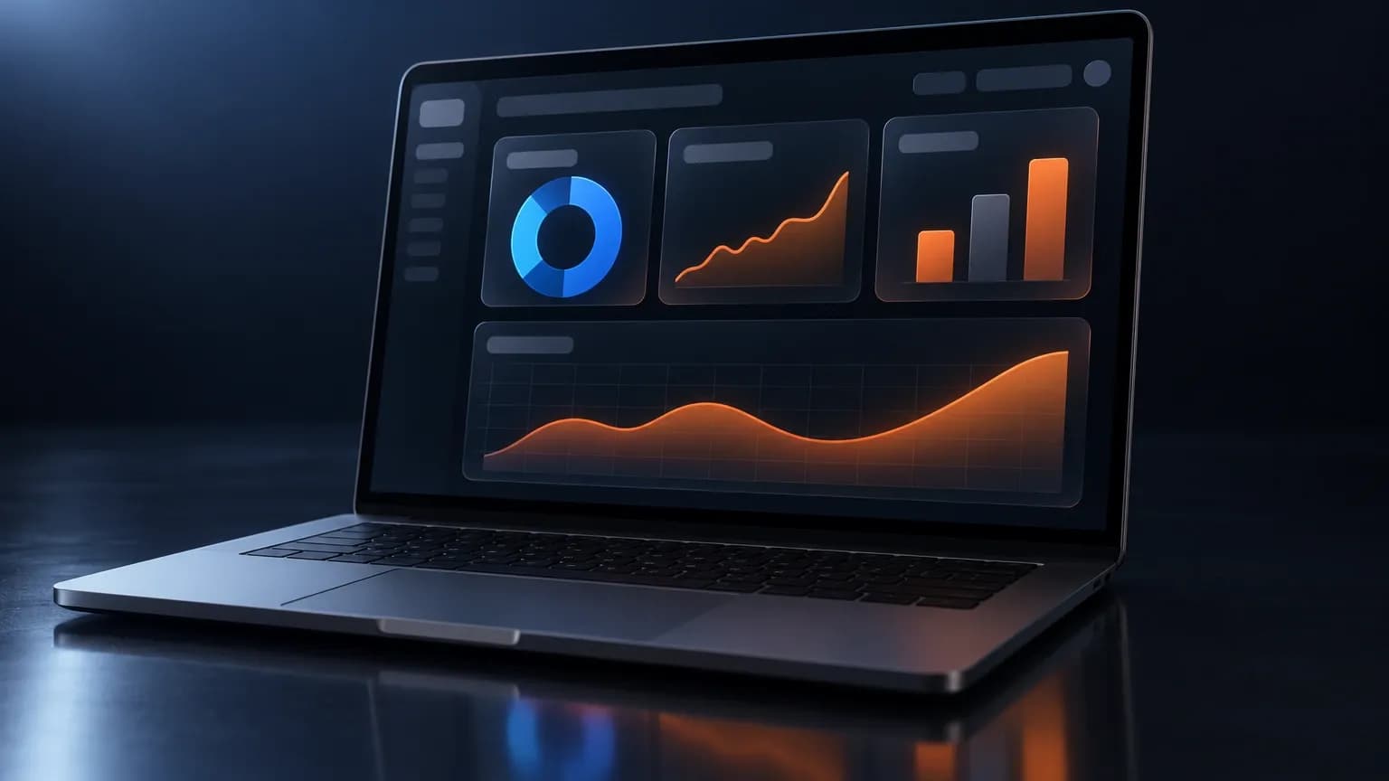 Dark SaaS analytics workspace on a space grey laptop, three frosted glass cards on a deep navy dashboard showing a blue donut ring, an orange trend line and three grey and orange bars, the screen deliberately carries no text at all