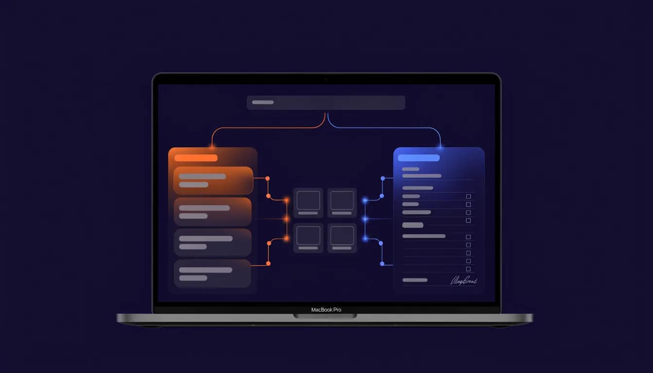 One search query entering a page that splits into two diverging paths, one labeled with an API delivery diagram and one with a contract scope sheet