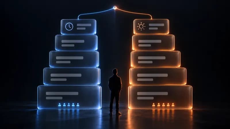 Two parallel plan ladders on a dark stage joined at one shared fork, a single small silhouette facing the choice between them
