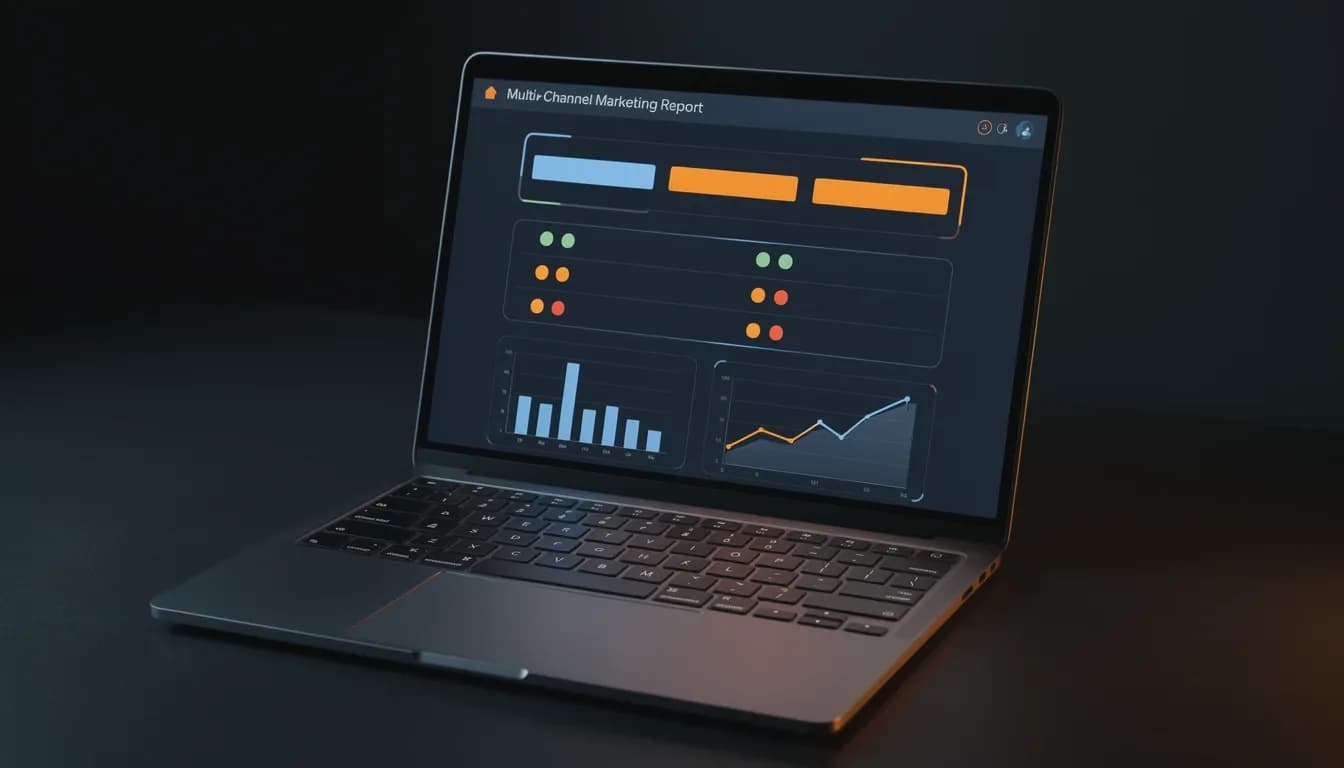 Laptop on a dark desk showing a multi-channel marketing report in a dark navy interface: a slim header band, an executive summary panel with placeholder bars, a four-row channel scorecard carrying green, amber and red status dots, and two compact chart panels below
