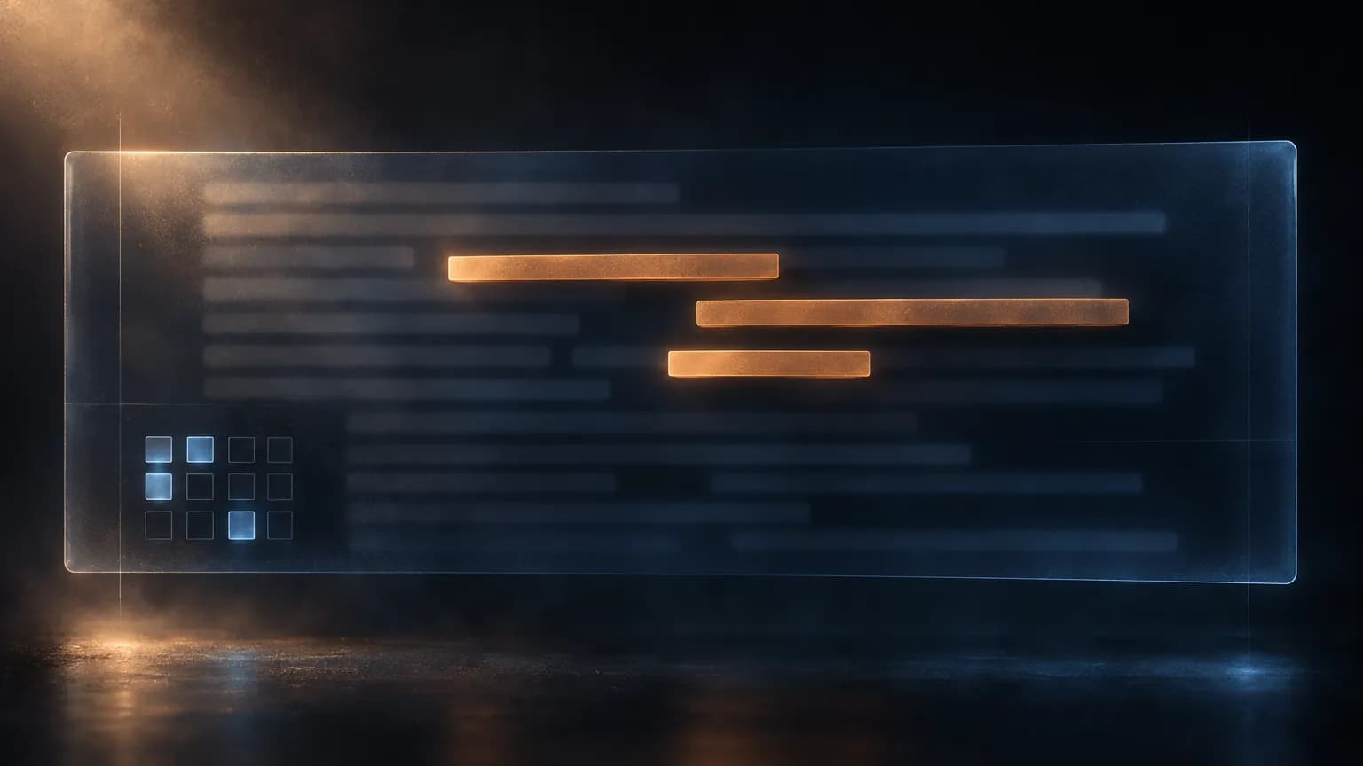 Dark illustration of a translucent transcript panel with three highlighted phrase bars and a small grid of outlined squares, orange and blue accents on near black