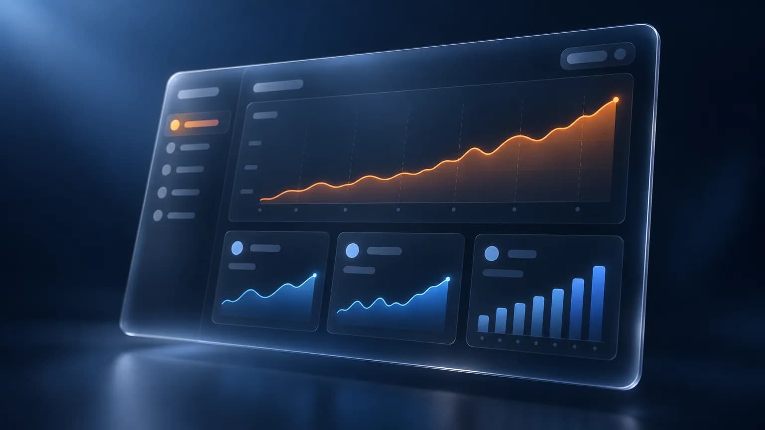 White label SEO report dashboard on a tablet, dark interface with a rising trend line